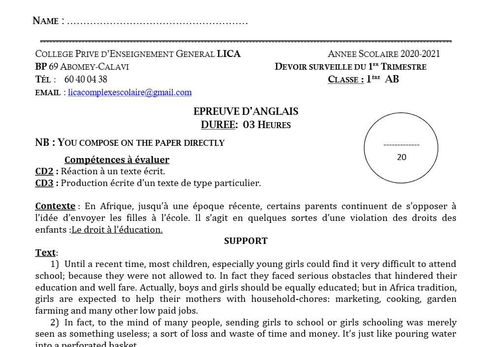 Aperçu de la première page — 1ère A1 A2 B Anglais Devoir 1er Trimestre CPEG Lica 2020 2021