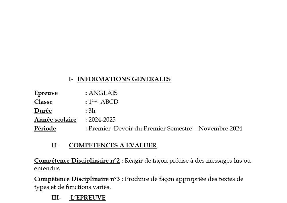 Aperçu de la première page — 1ère A1 A2 B C D Anglais 1er Devoir 1er Semestre Annee Scolaire CEG Novembre 2024 (2)