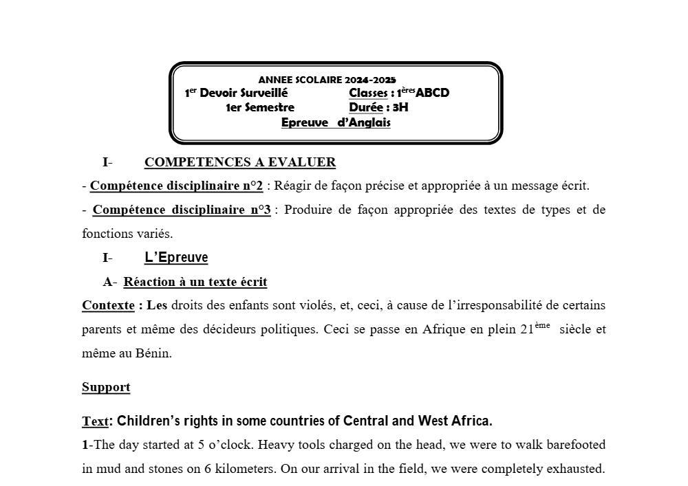 Aperçu de la première page — 1ère A1 A2 B C D Anglais 1er Devoir 1er Semestre Annee Scolaire CEG Novembre 2024