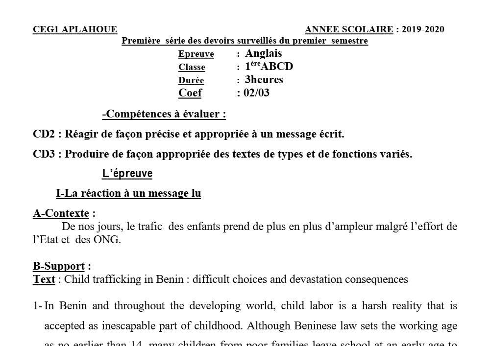 Aperçu de la première page — 1ère A1 A2 B C D Anglais 1er Devoir 1er Semestre CEG1 Aplahoué 2019 2020