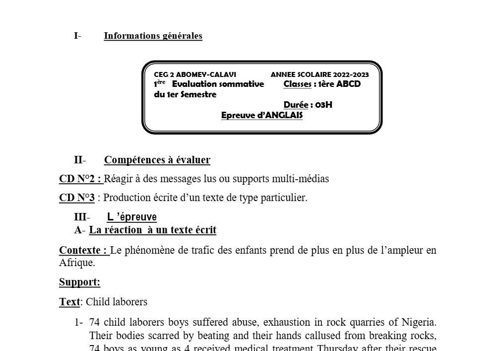 Aperçu de la première page — 1ère A1 A2 B C D Anglais 1er Devoir 1er Semestre CEG2 Abomey Calavi 2022 2023