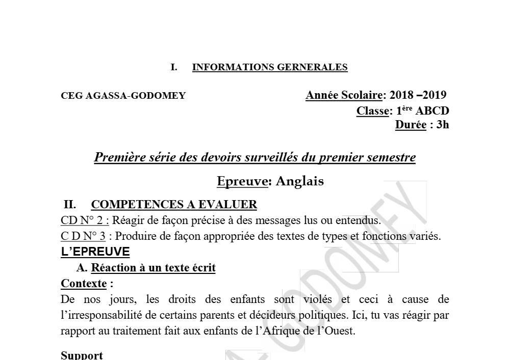 Aperçu de la première page — 1ère A1 A2 B C D Anglais 1er Devoir 1er Semestre CEG Agassa Godomey 2018 2019