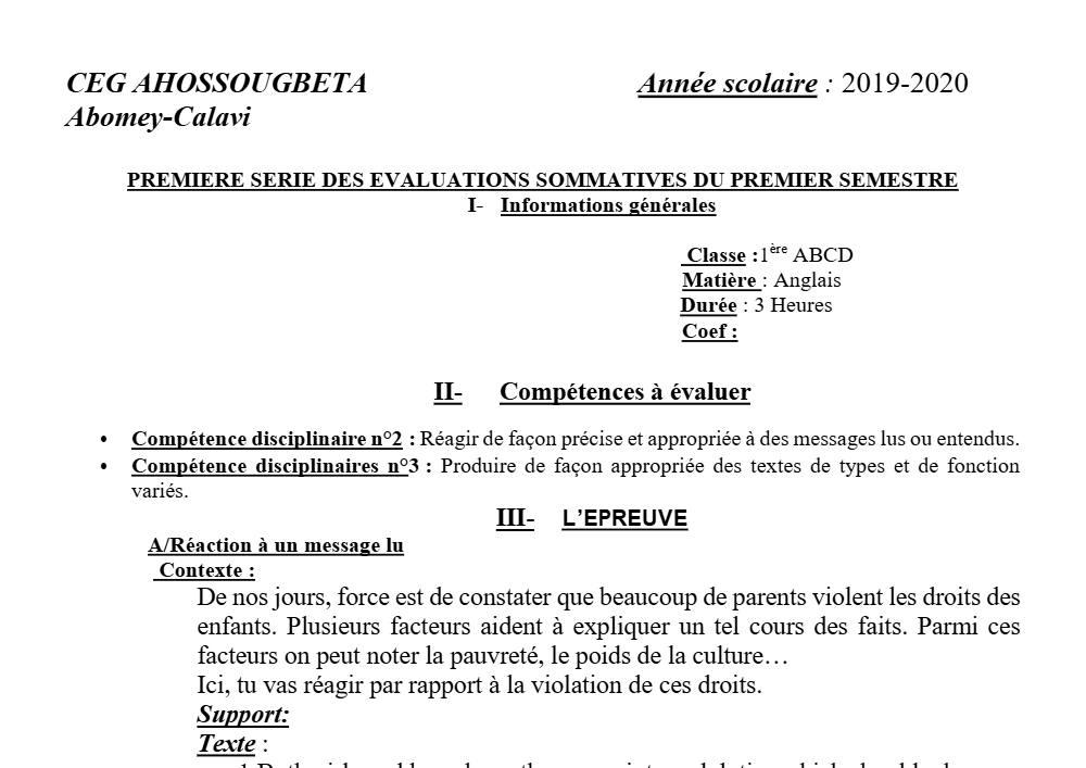 Aperçu de la première page — 1ère A1 A2 B C D Anglais 1er Devoir 1er Semestre CEG Ahossougbéta 2019 2020