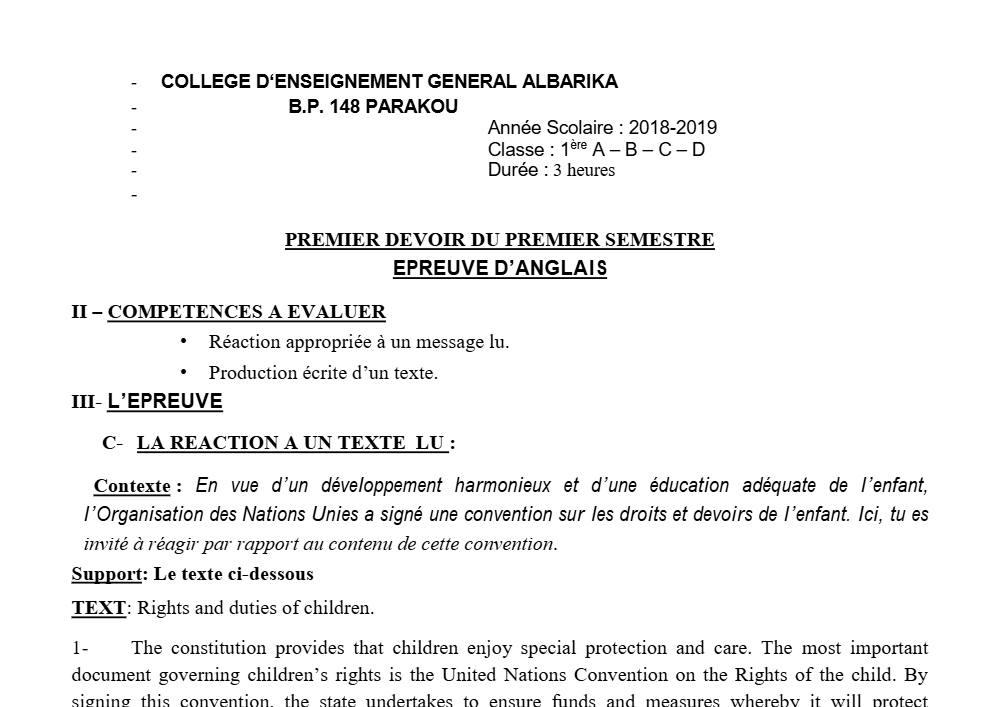 Aperçu de la première page — 1ère A1 A2 B C D Anglais 1er Devoir 1er Semestre CEG Albarika 2018 2019