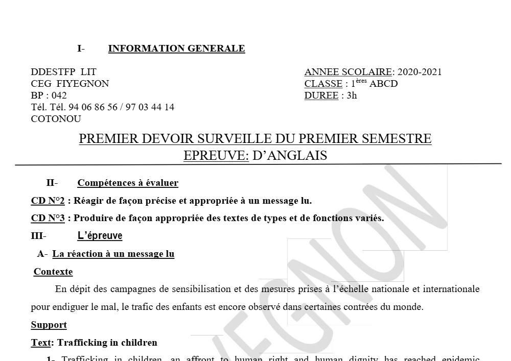 Aperçu de la première page — 1ère A1 A2 B C D Anglais 1er Devoir 1er Semestre CEG Fiyegnon 2020 2021