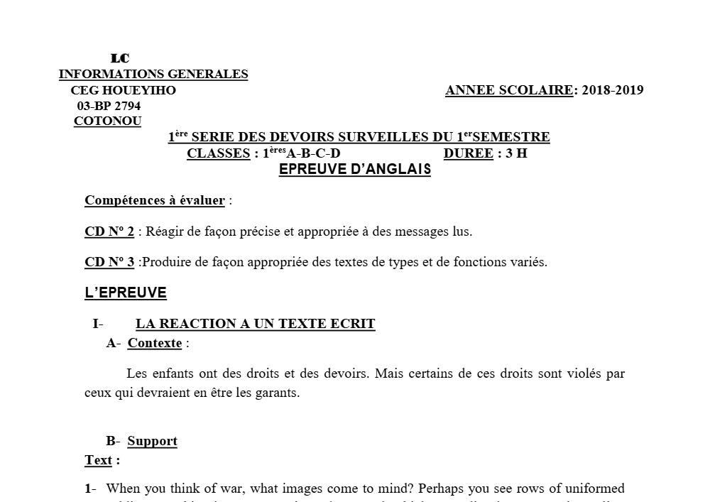 Aperçu de la première page — 1ère A1 A2 B C D Anglais 1er Devoir 1er Semestre CEG Houéyiho 2018 2019
