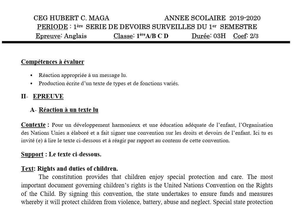 Aperçu de la première page — 1ère A1 A2 B C D Anglais 1er Devoir 1er Semestre CEG Hubert C Maga 2019 2020