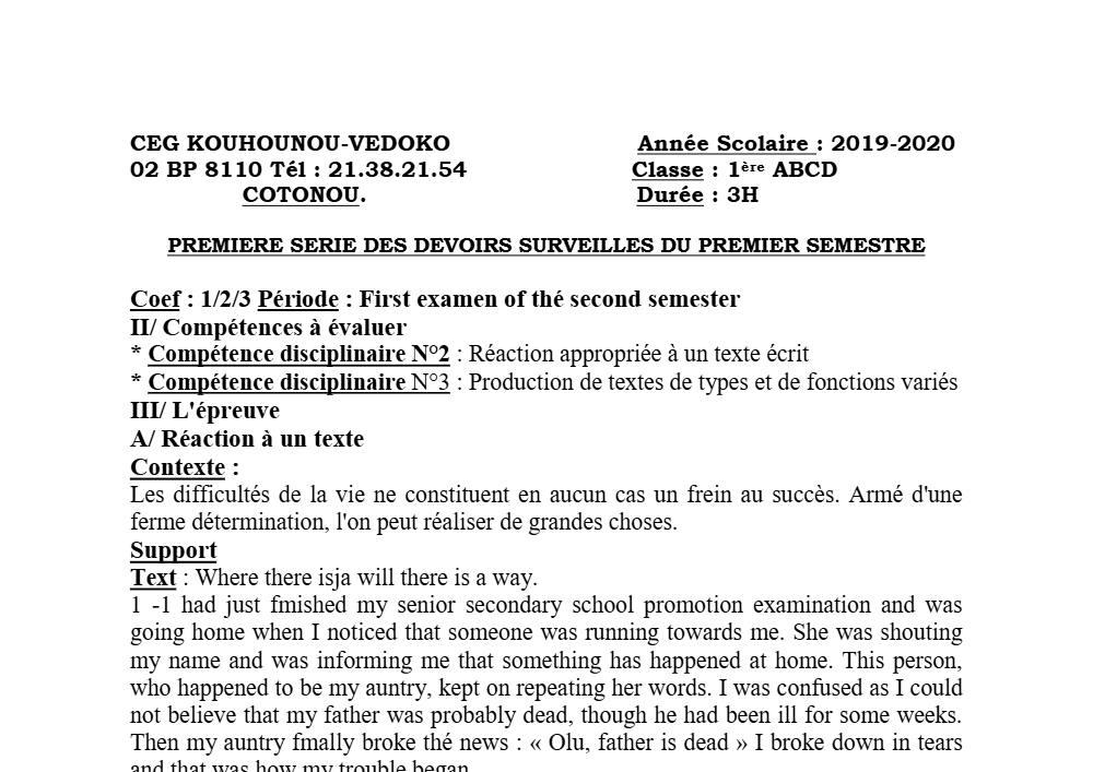 Aperçu de la première page — 1ère A1 A2 B C D Anglais 1er Devoir 1er Semestre CEG K Vedoko 2019 2020