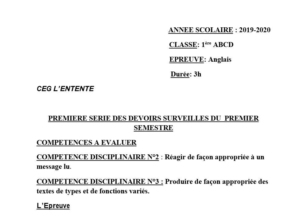 Aperçu de la première page — 1ère A1 A2 B C D Anglais 1er Devoir 1er Semestre CEG L'Entente 2019 2020