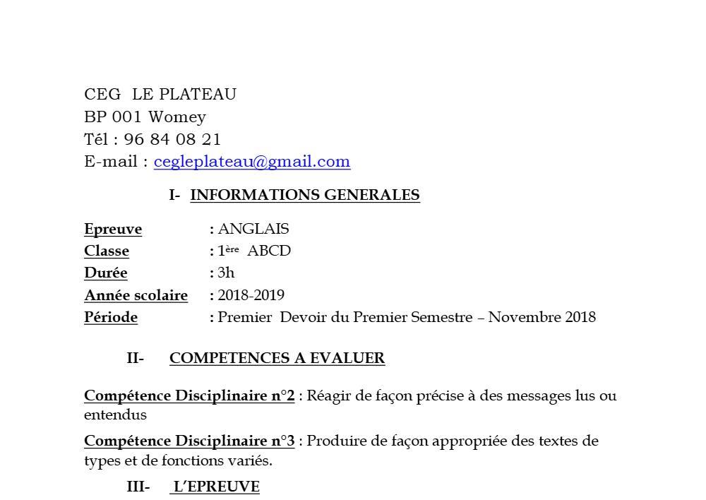 Aperçu de la première page — 1ère A1 A2 B C D Anglais 1er Devoir 1er Semestre CEG Le Plateau 2018 2019