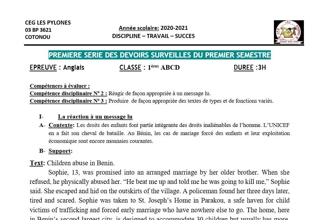 Aperçu de la première page — 1ère A1 A2 B C D Anglais 1er Devoir 1er Semestre CEG Les Pylônes 2020 2021