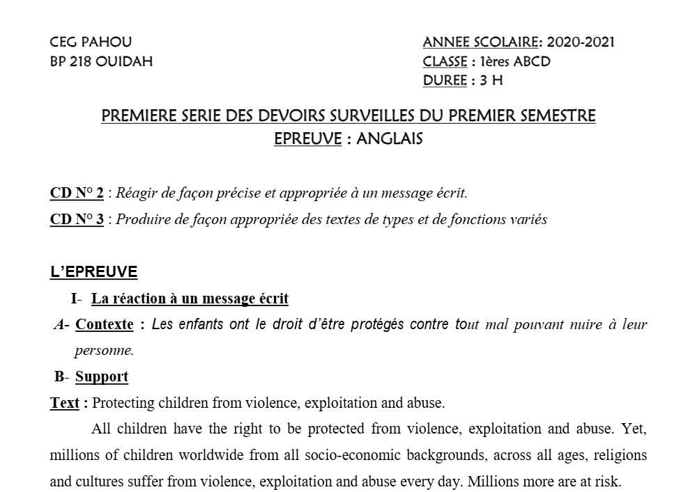 Aperçu de la première page — 1ère A1 A2 B C D Anglais 1er Devoir 1er Semestre CEG Pahou 2020 2021