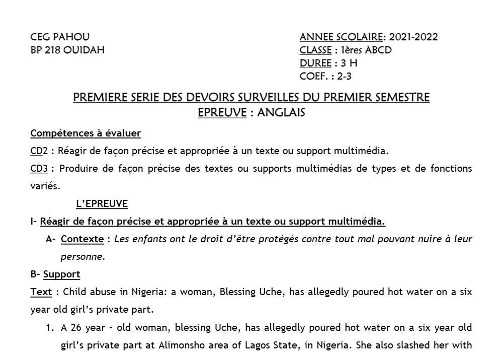 Aperçu de la première page — 1ère A1 A2 B C D Anglais 1er Devoir 1er Semestre CEG Pahou 2021 2022