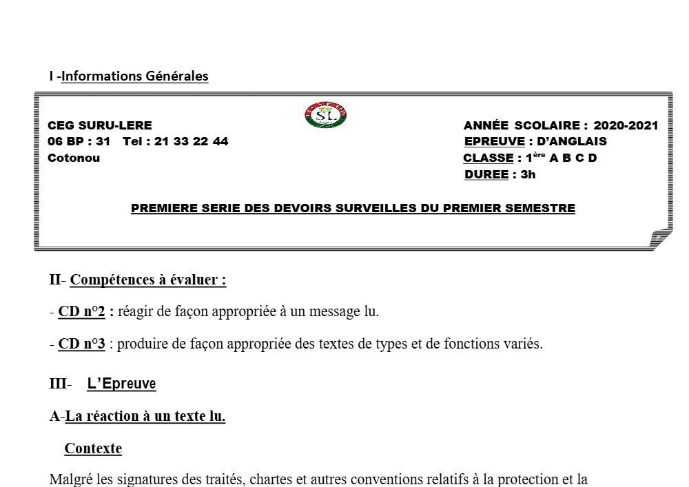 Aperçu de la première page — 1ère A1 A2 B C D Anglais 1er Devoir 1er Semestre CEG Suru Léré 2020 2021