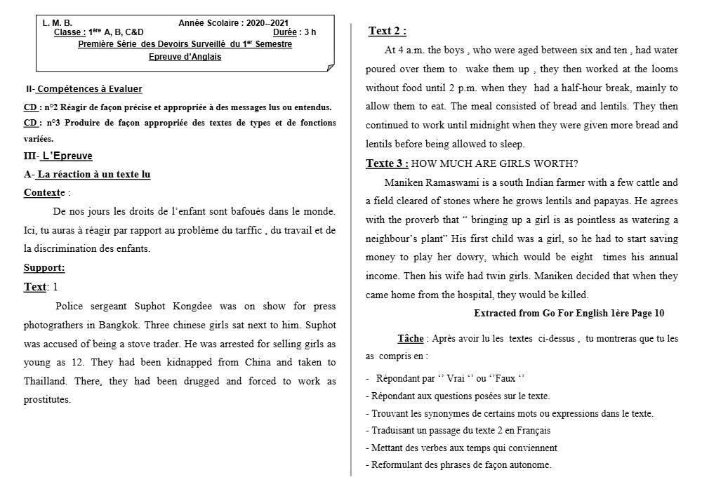 Aperçu de la première page — 1ère A1 A2 B C D Anglais 1er Devoir 1er Semestre Lycée Mathieu Bouke 2020 2021