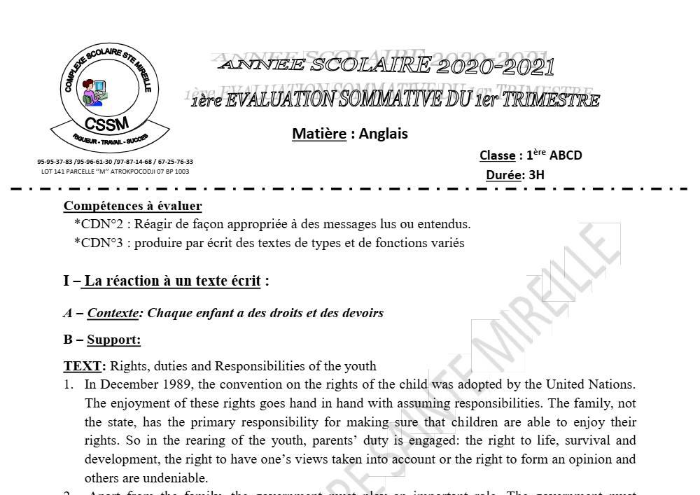 Aperçu de la première page — 1ère A1 A2 B C D Anglais 1er Devoir 1er Trimestre CPEG Sainte Mireille 2021 2022