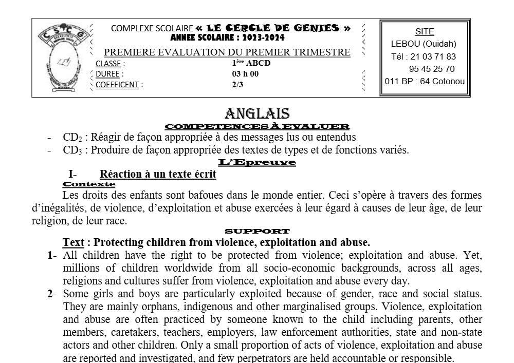 Aperçu de la première page — 1ère A1 A2 B C D Anglais 1er Devoir 1er Trimestre CP Le Cercle de Genies 2023 2024