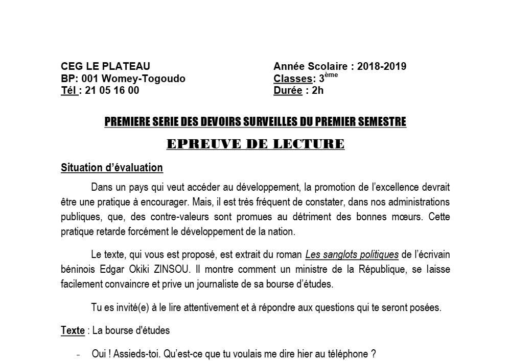 Aperçu de la première page — 3ème Lecture 1er Devoir 1er Semestre 3ème2018 2019 CEG Le Plateau 2018 2019