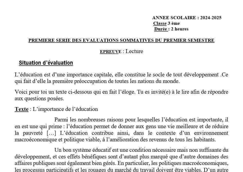 Aperçu de la première page — 3ème Lecture 1er Devoir 1er Semestre Annee Scolaire 2 CEG Novembre 2024