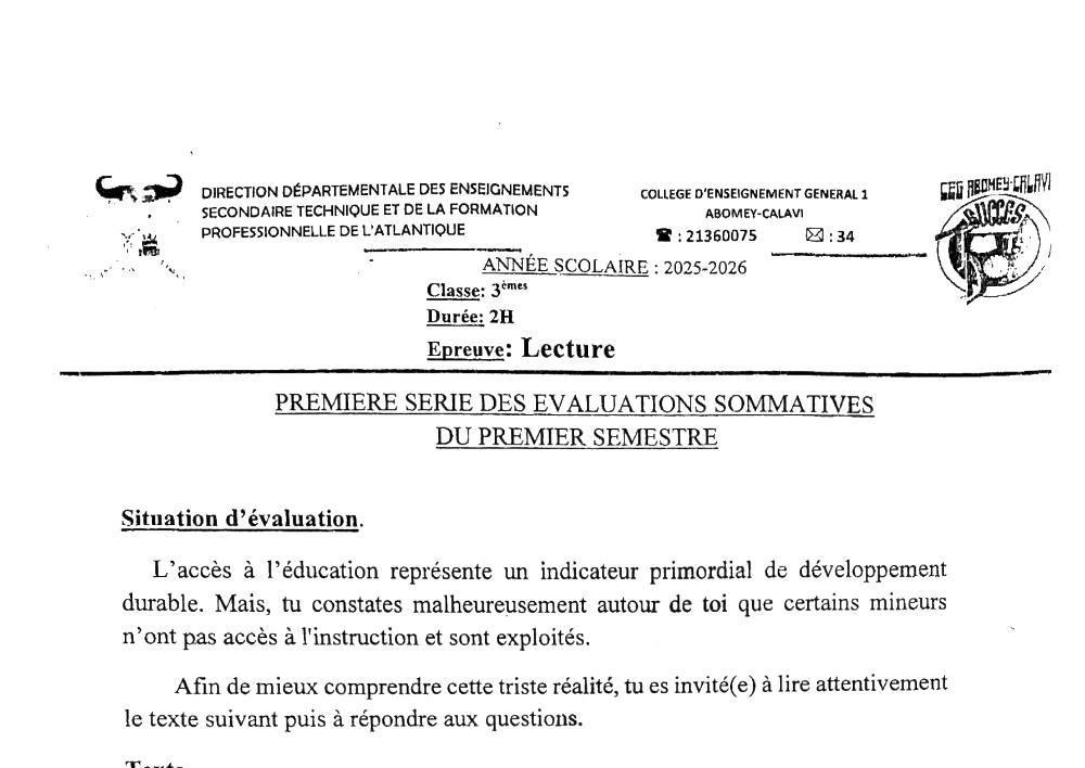 Aperçu de la première page — 3ème Lecture 1er Devoir 1er Semestre CEG 1 Abomey Calavi 2025