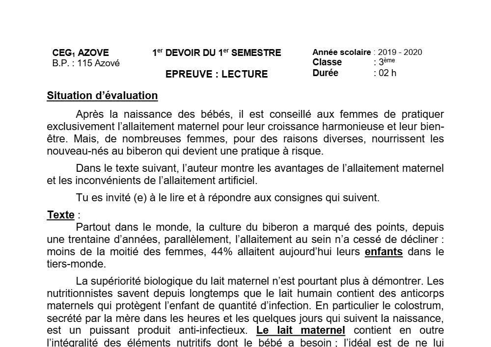 Aperçu de la première page — 3ème Lecture 1er Devoir 1er Semestre CEG1 Azové 2019 2020