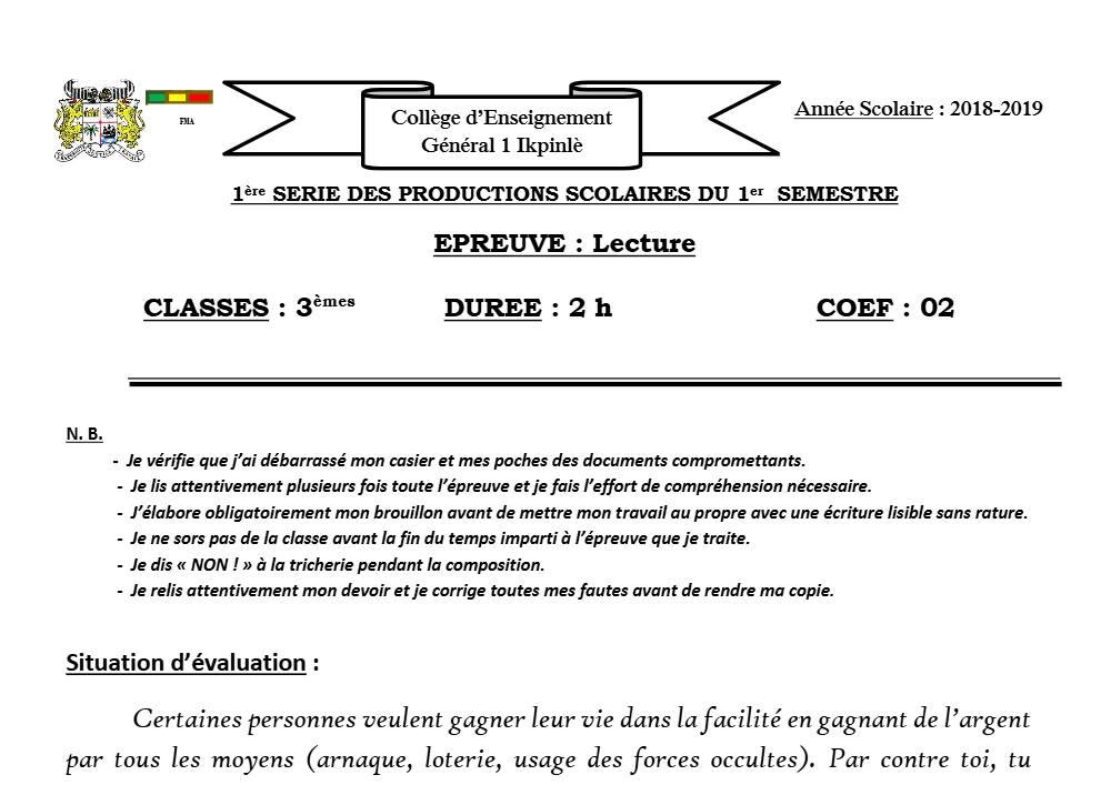 Aperçu de la première page — 3ème Lecture 1er Devoir 1er Semestre CEG1 Ikpinlè 2018 2019