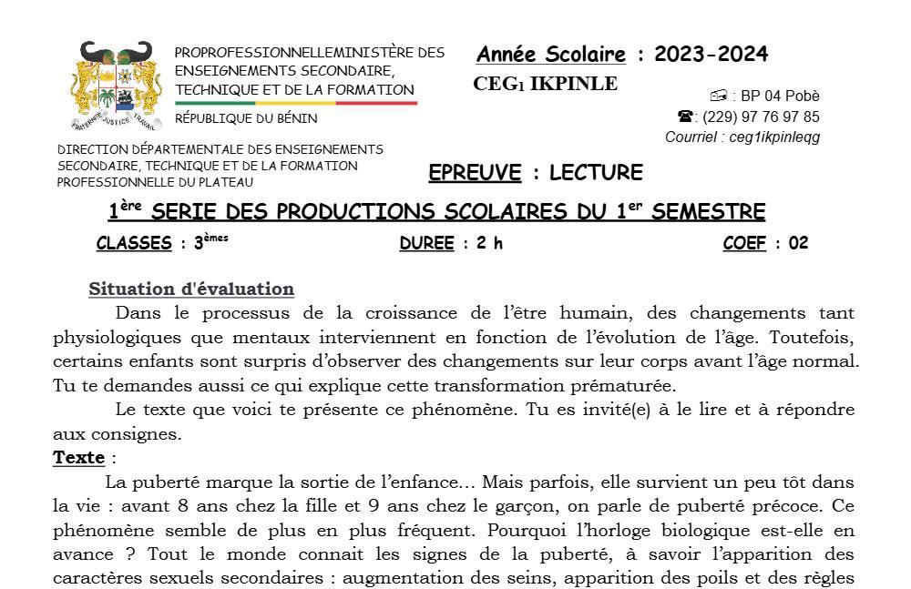 Aperçu de la première page — 3ème Lecture 1er Devoir 1er Semestre CEG1 Ikpinlè 2023 2024
