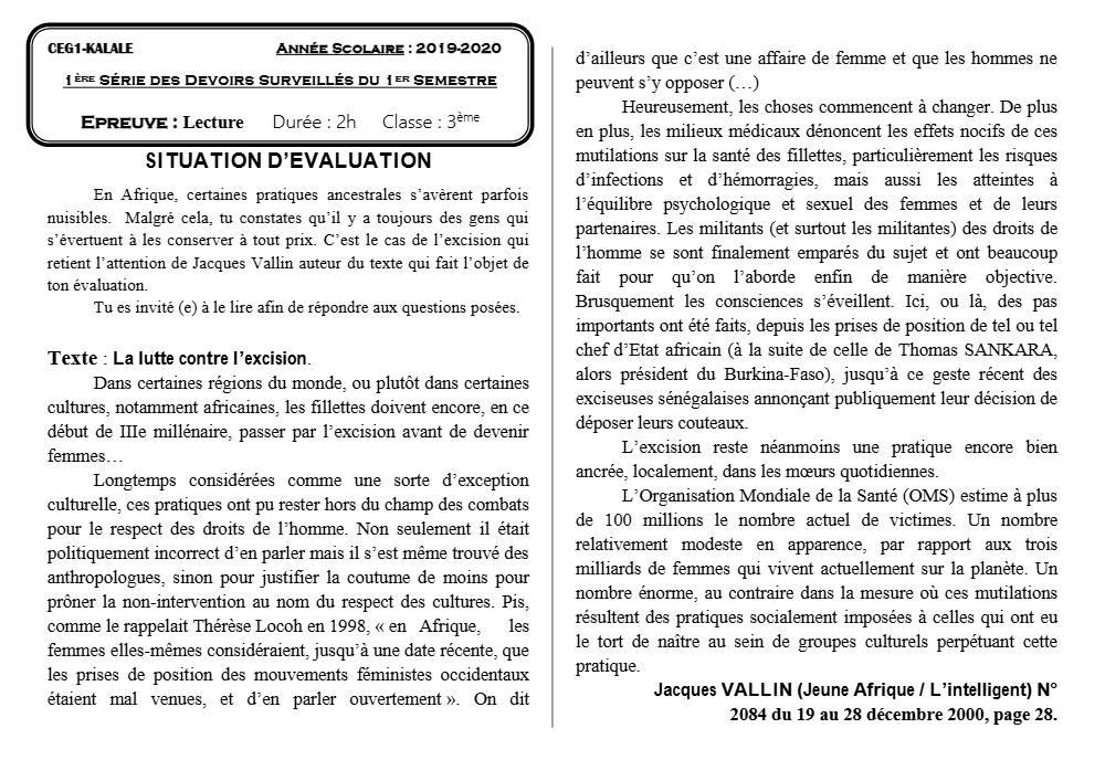 Aperçu de la première page — 3ème Lecture 1er Devoir 1er Semestre CEG1 Kalalé 2019 2020