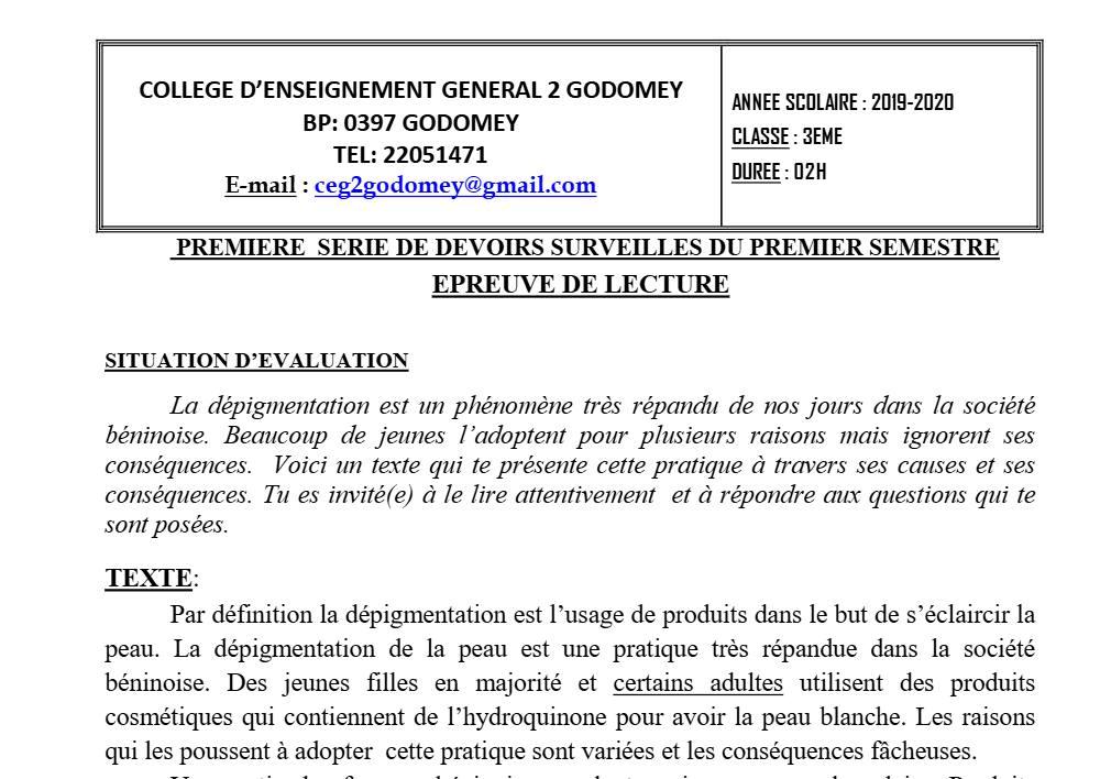 Aperçu de la première page — 3ème Lecture 1er Devoir 1er Semestre CEG2 Godomey 2019 2020