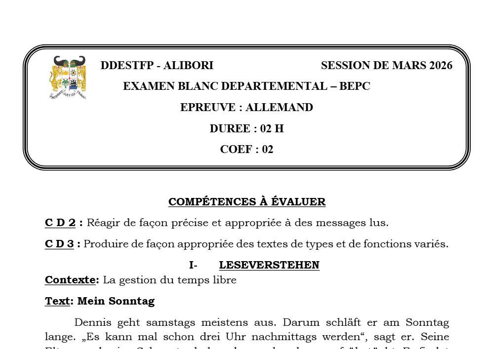 Aperçu de la première page — BEPC BLANC 2026 ALIBORI ALLEMAND LV1