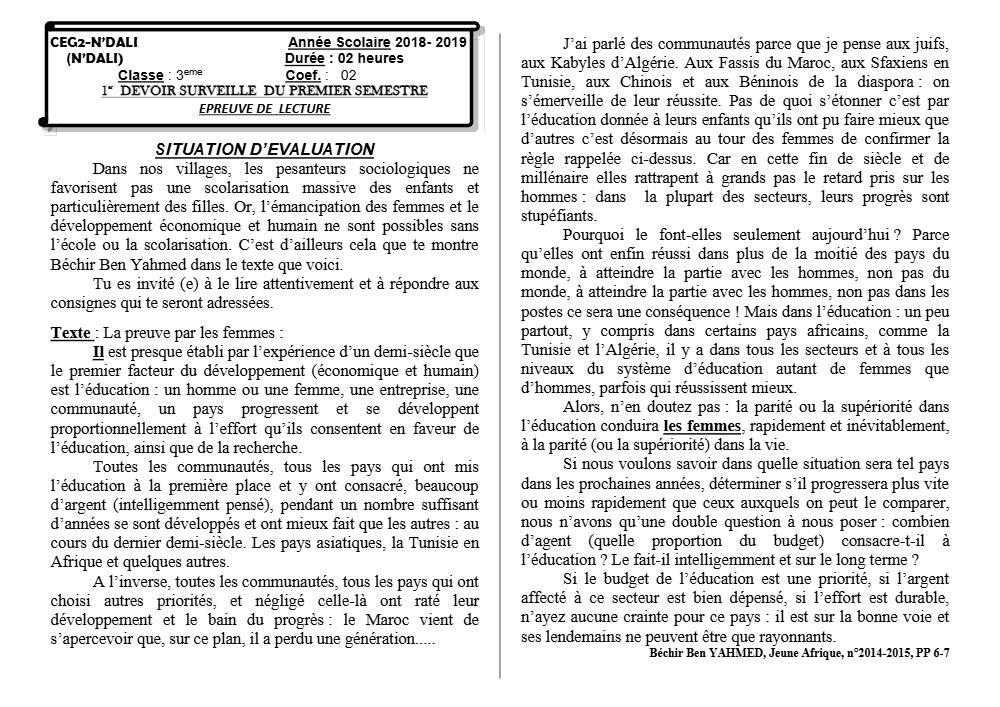 Aperçu de la première page — 3ème Lecture 1er Devoir 1er Semestre CEG2 N'Dali 2018 2019