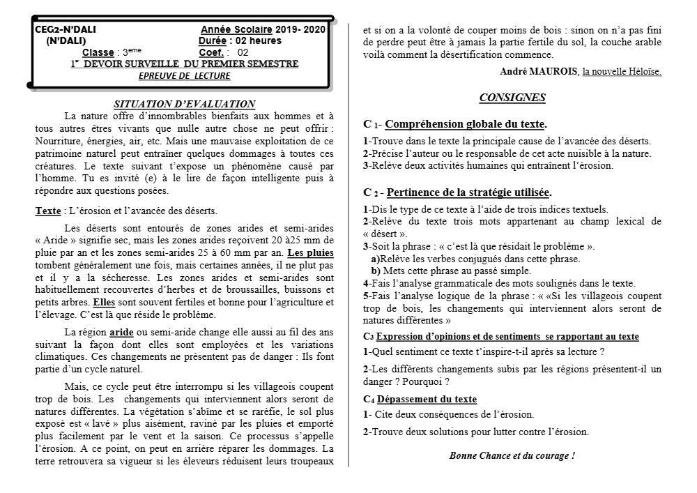 Aperçu de la première page — 3ème Lecture 1er Devoir 1er Semestre CEG2 N'Dali 2019 2020