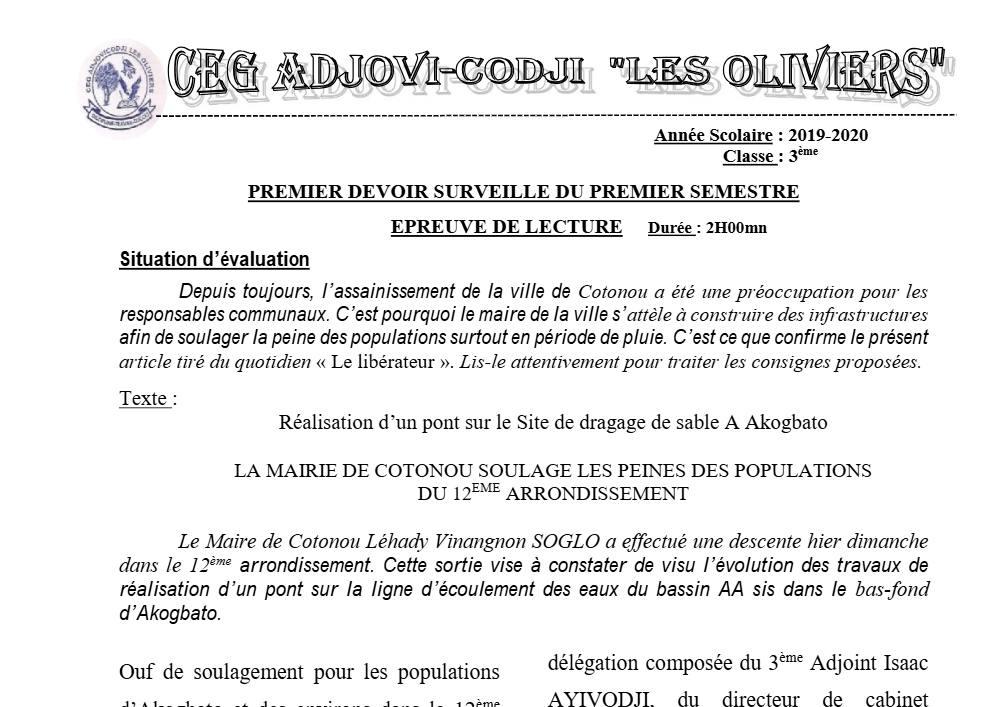 Aperçu de la première page — 3ème Lecture 1er Devoir 1er Semestre CEG Adjovi Codji 2019 2020