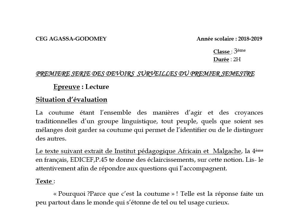 Aperçu de la première page — 3ème Lecture 1er Devoir 1er Semestre CEG Agassa Godomey 2018 2019