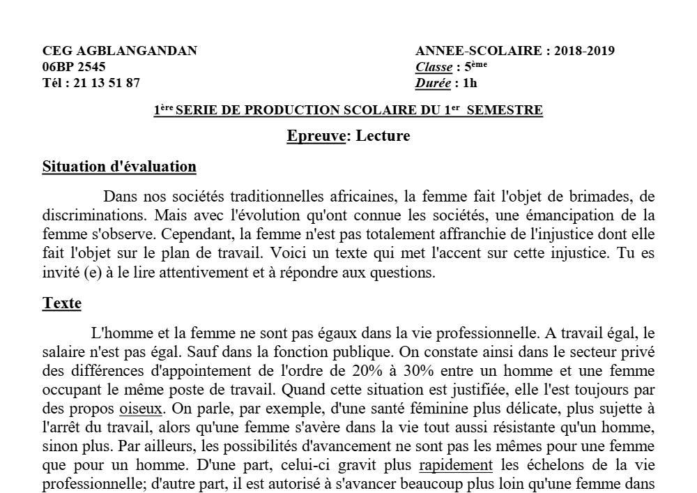 Aperçu de la première page — 3ème Lecture 1er Devoir 1er Semestre CEG Agblangandan 2018 2019