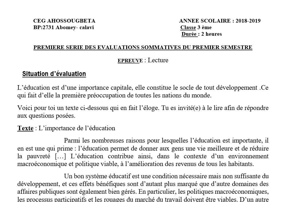 Aperçu de la première page — 3ème Lecture 1er Devoir 1er Semestre CEG Ahossougbéta 2018 2019