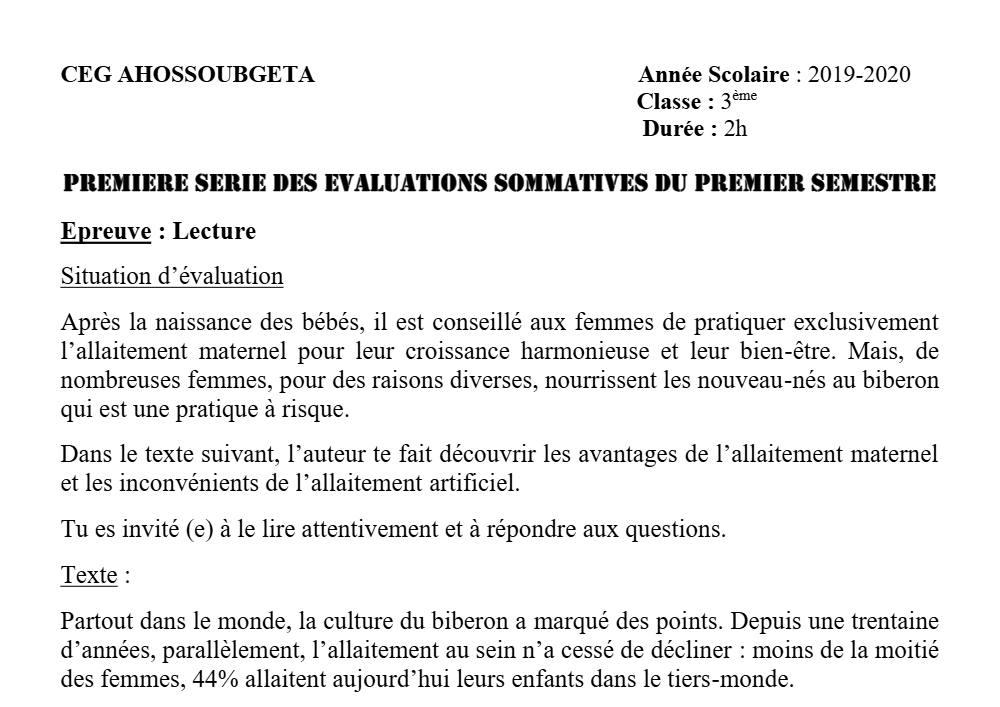 Aperçu de la première page — 3ème Lecture 1er Devoir 1er Semestre CEG Ahossougbéta 2019 2020