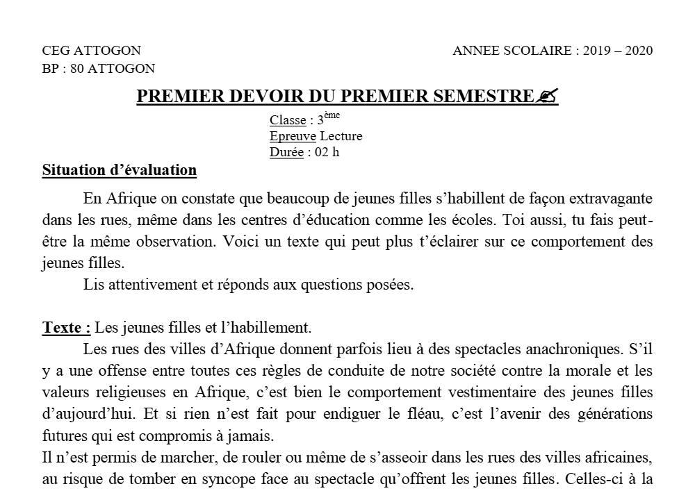 Aperçu de la première page — 3ème Lecture 1er Devoir 1er Semestre CEG Attogon 2019 2020
