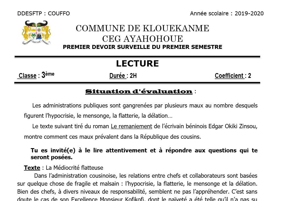 Aperçu de la première page — 3ème Lecture 1er Devoir 1er Semestre CEG Ayahohoue 2019 2020