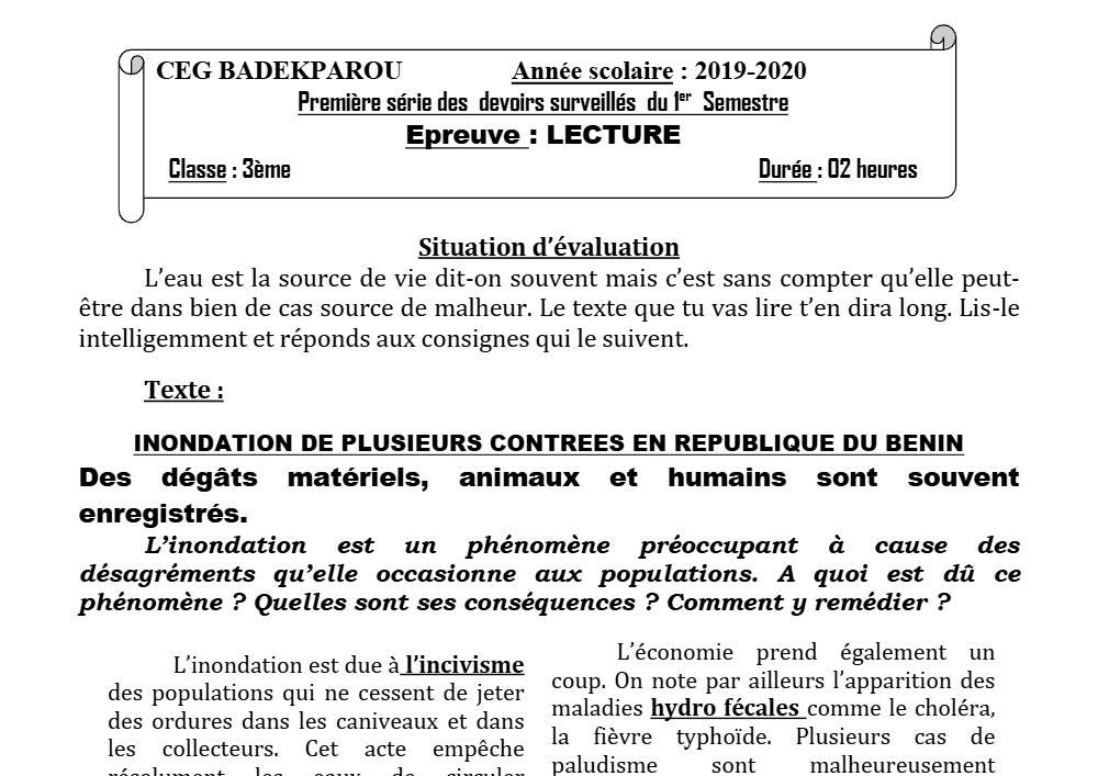 Aperçu de la première page — 3ème Lecture 1er Devoir 1er Semestre CEG Badekparou 2019 2020
