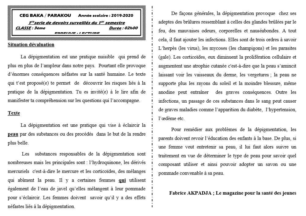 Aperçu de la première page — 3ème Lecture 1er Devoir 1er Semestre CEG Baka 2019 2020