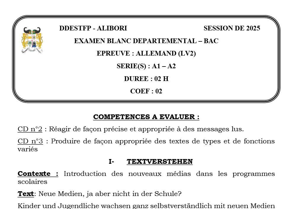 Aperçu de la première page — Allemand Epreuve BAC BLANC LV2 ALIBORI 2025
