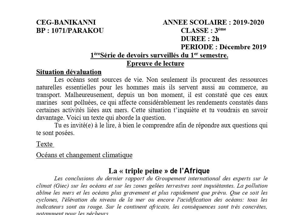 Aperçu de la première page — 3ème Lecture 1er Devoir 1er Semestre CEG Banikanni 2019 2020