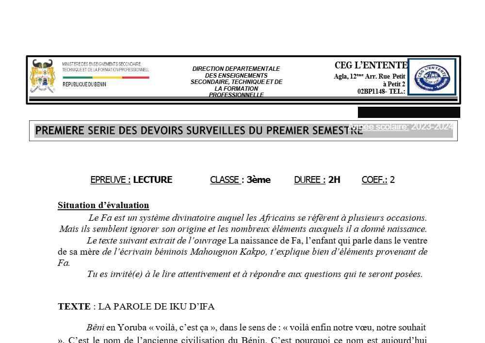 Aperçu de la première page — 3ème Lecture 1er Devoir 1er Semestre CEG de L'Entente 2023 2024