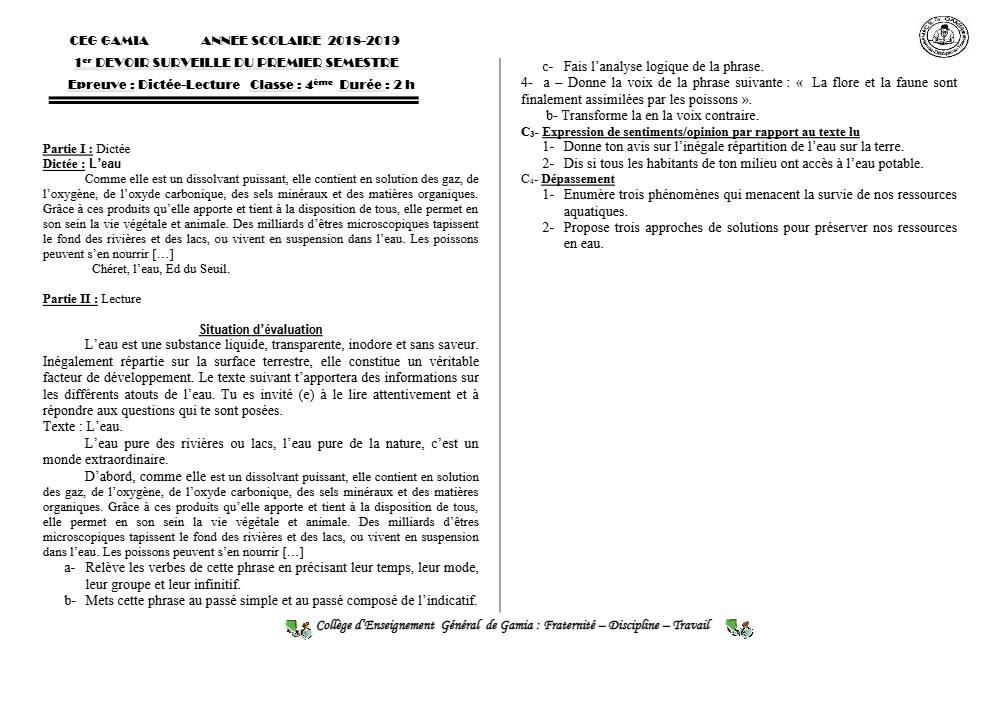 Aperçu de la première page — 3ème Lecture 1er Devoir 1er Semestre CEG Gamia 2018 2019