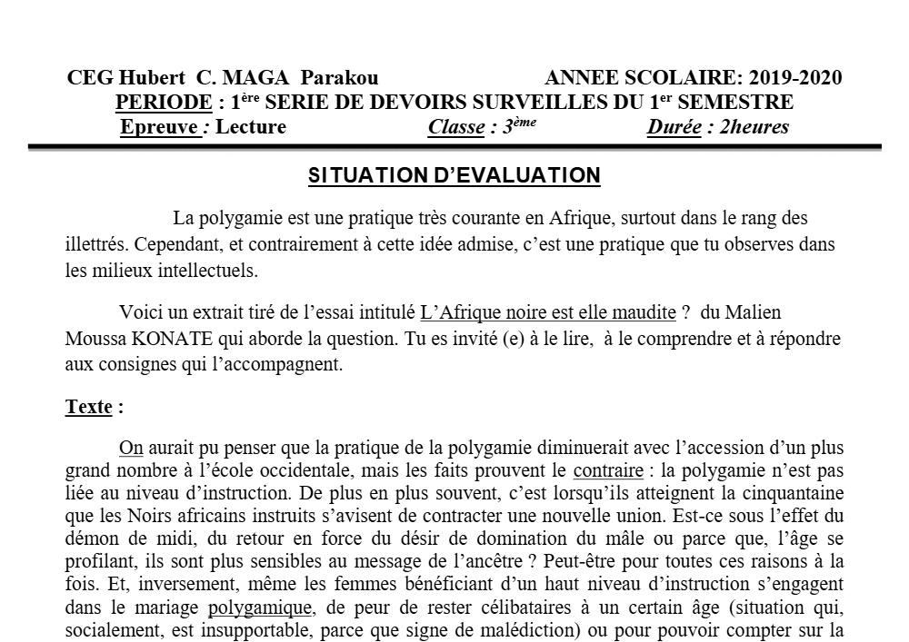 Aperçu de la première page — 3ème Lecture 1er Devoir 1er Semestre CEG Hubert C Maga 2019 2020