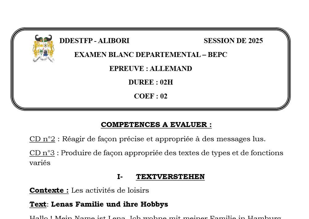 Aperçu de la première page — Allemand Epreuve BEPC BLANC ALIBORI 2025
