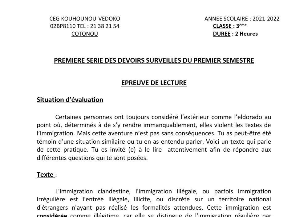 Aperçu de la première page — 3ème Lecture 1er Devoir 1er Semestre CEG Kouhounou Vedoko 2021 2022