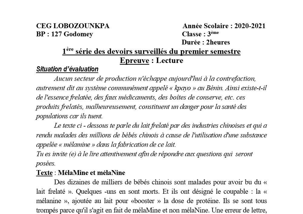 Aperçu de la première page — 3ème Lecture 1er Devoir 1er Semestre CEG Lobozounkpa 2020 2021