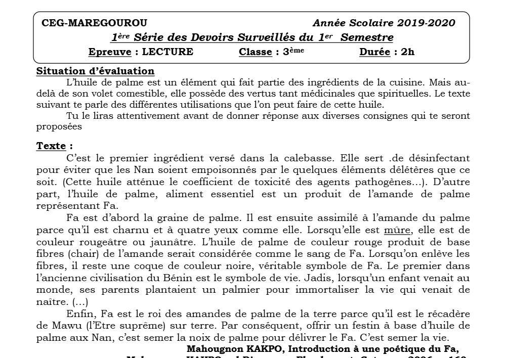 Aperçu de la première page — 3ème Lecture 1er Devoir 1er Semestre CEG Maregourou 2019 2020